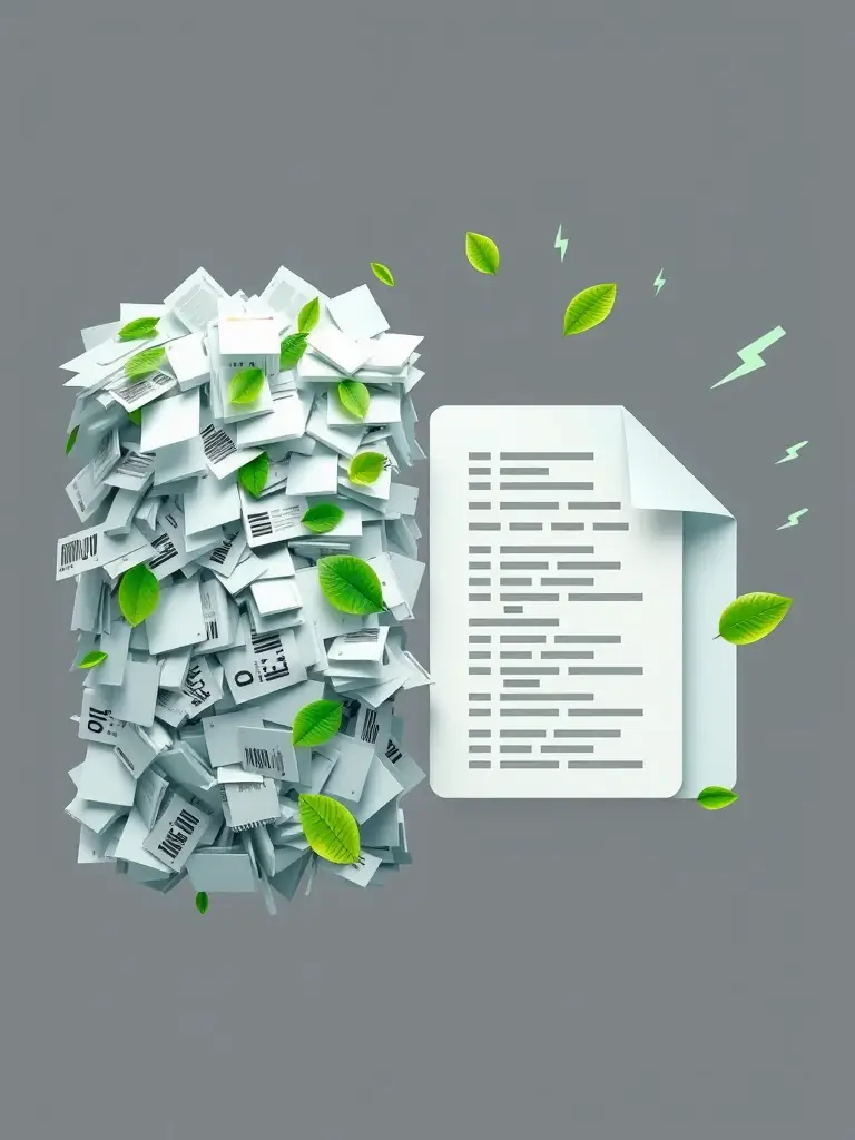 A visual representation of data being compressed using advanced algorithms, showing a before-and-after comparison with significantly reduced file sizes, highlighted with green energy symbols.