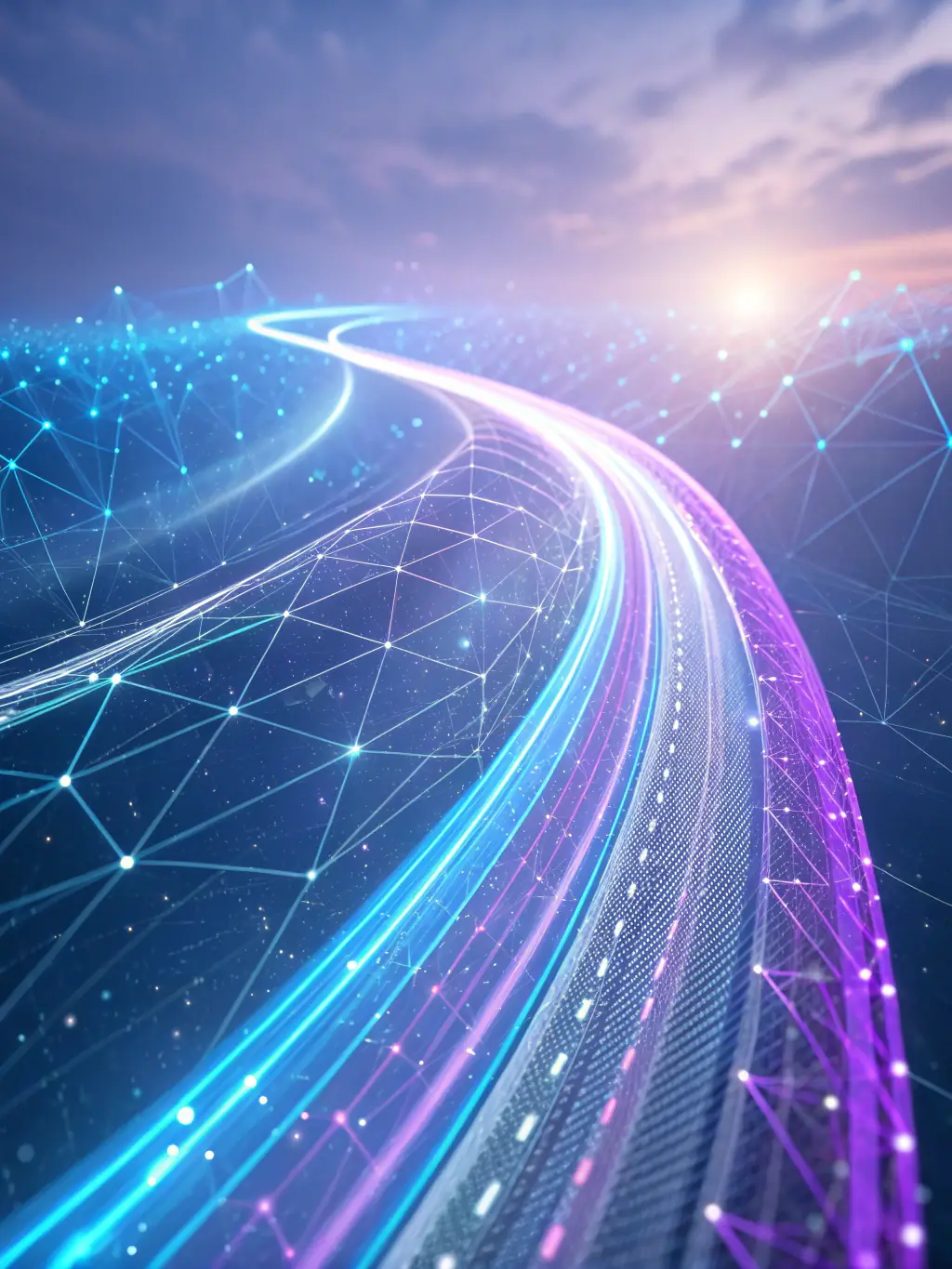 An abstract representation of data packets flowing through a network, visualized with green and blue hues to represent eco-friendly data transmission.
