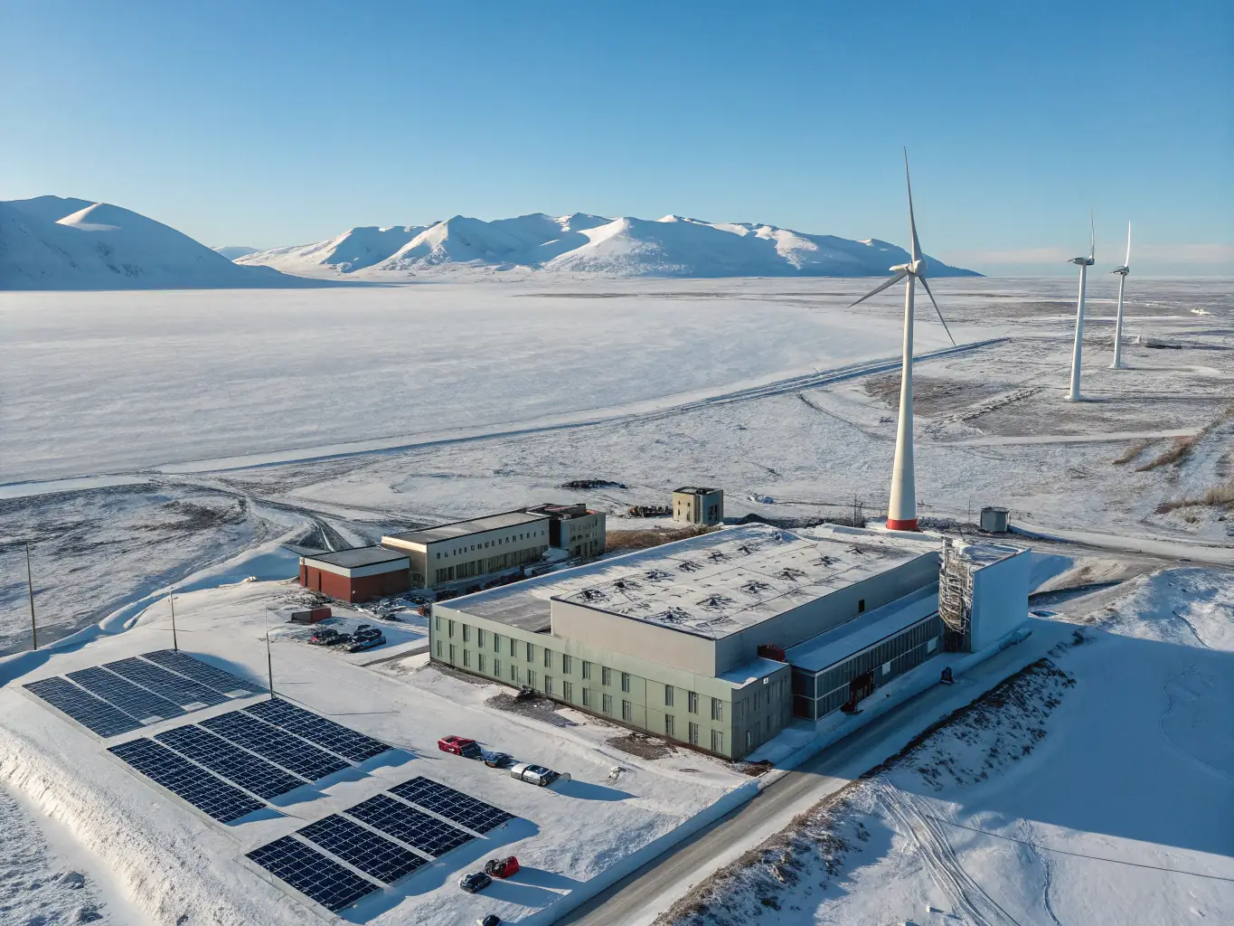 An aerial view of a decentralized network of micro-data centers powered by various renewable energy sources (solar, wind). The image should convey the scalability and resilience of the off-grid infrastructure, with a focus on distributed energy generation.