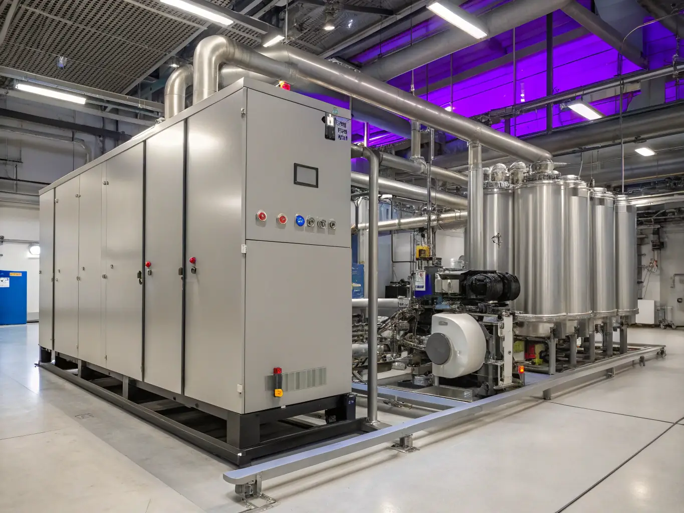 A detailed image of an advanced cooling system (ammonia or liquid-air) used in an off-grid data center. The image should highlight the efficiency and eco-friendliness of the cooling technology, with visible indicators of energy savings.