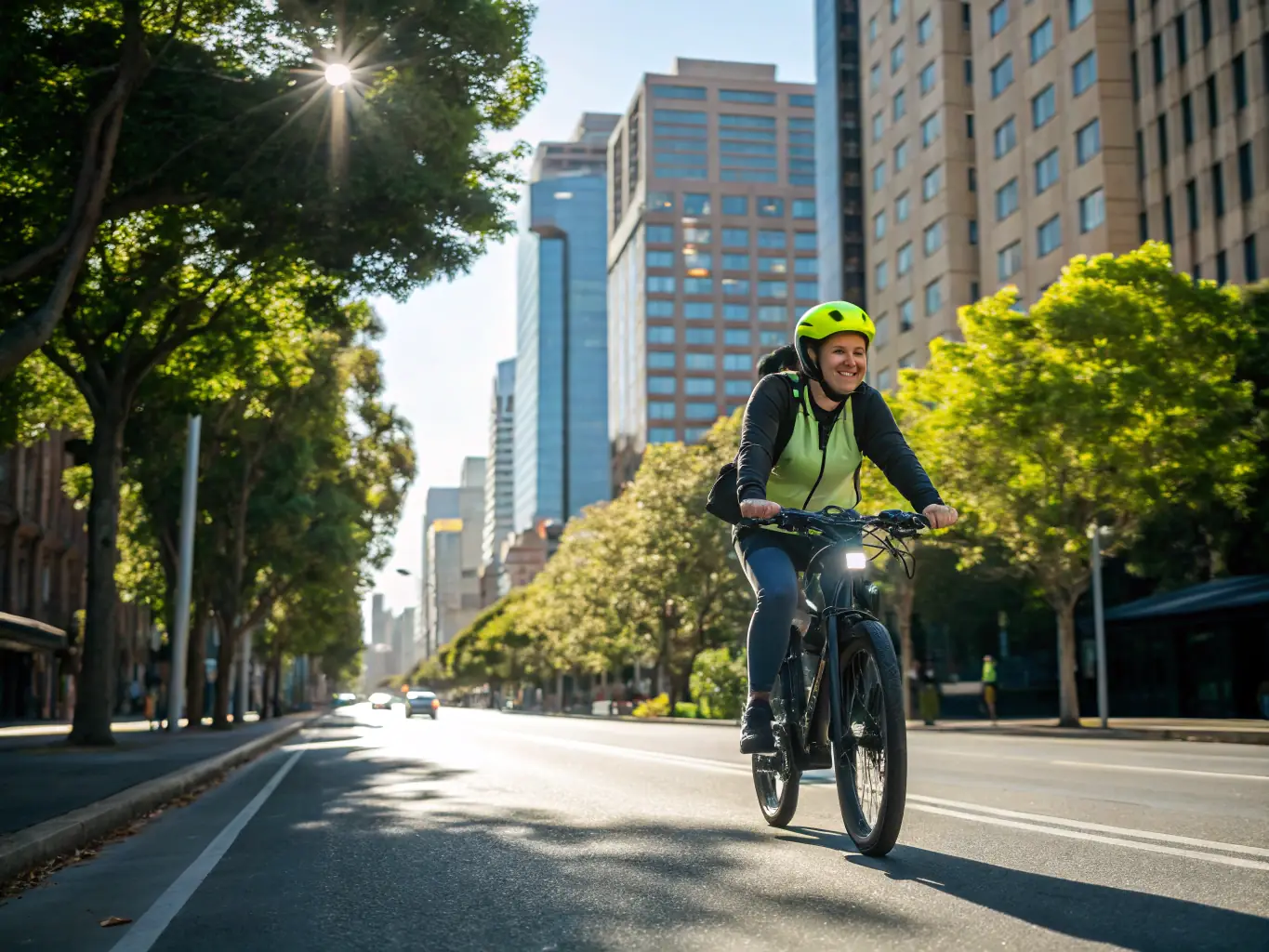 An employee using a company-provided electric bicycle to commute to work, showcasing Zero-Carbon's commitment to sustainable transportation and employee well-being.
