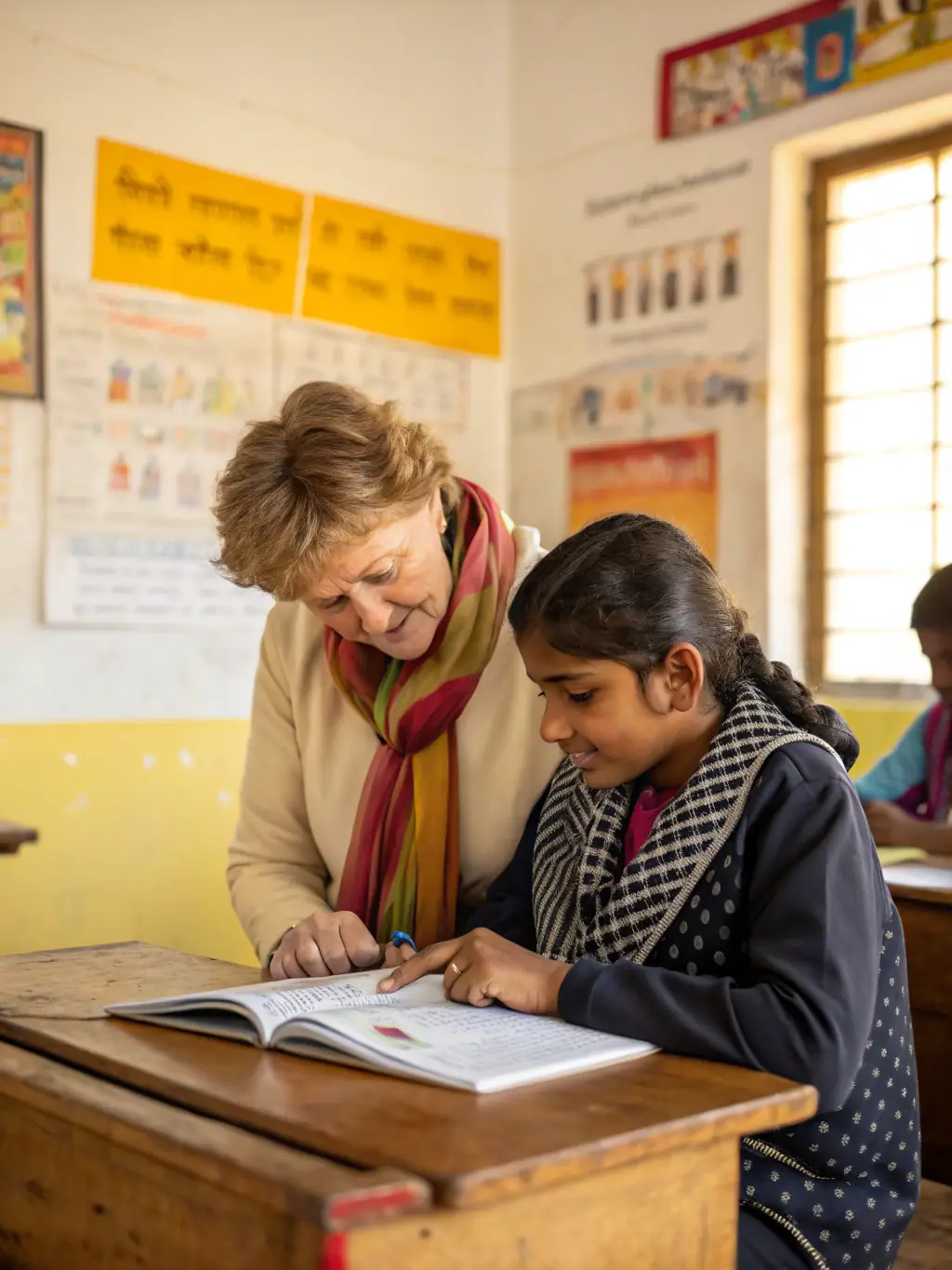 A student happily studying German with a tutor, representing German language support up to A2 level.