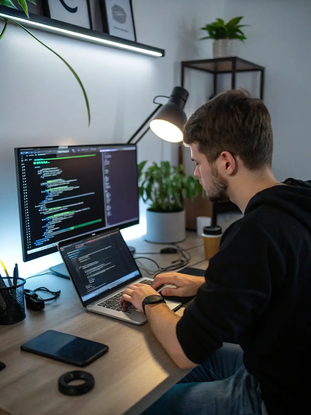 A blockchain developer working on a carbon tracking application, illustrating Zero-Carbon's use of blockchain technology for environmental accountability.