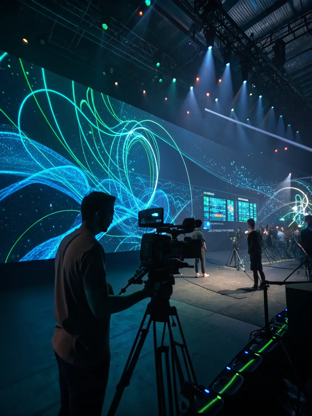 A detailed illustration of an AI neural network optimizing video streaming quality based on user bandwidth, depicted with glowing nodes and connections, set against a dark background to emphasize the technology.