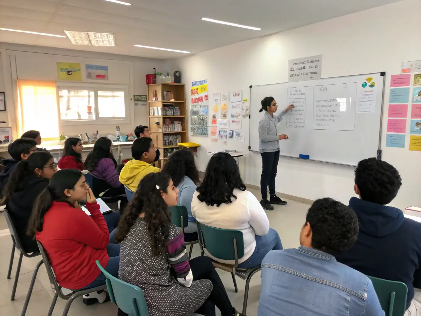 A diverse group of people are happily engaged in a German language class, with a supportive teacher leading the session.