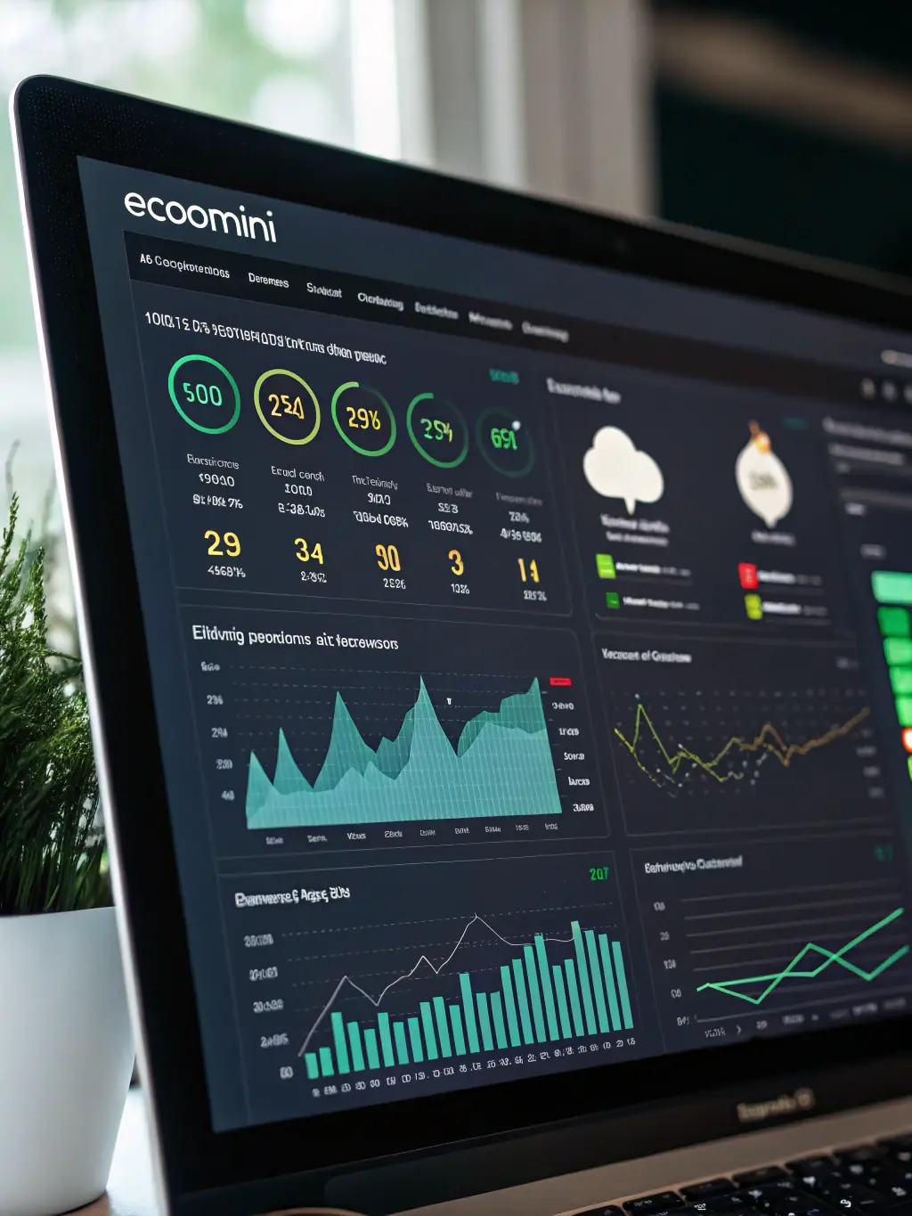 A digital interface displaying real-time carbon emission data overlaid on a video stream. The interface shows metrics like carbon footprint reduction and energy savings.