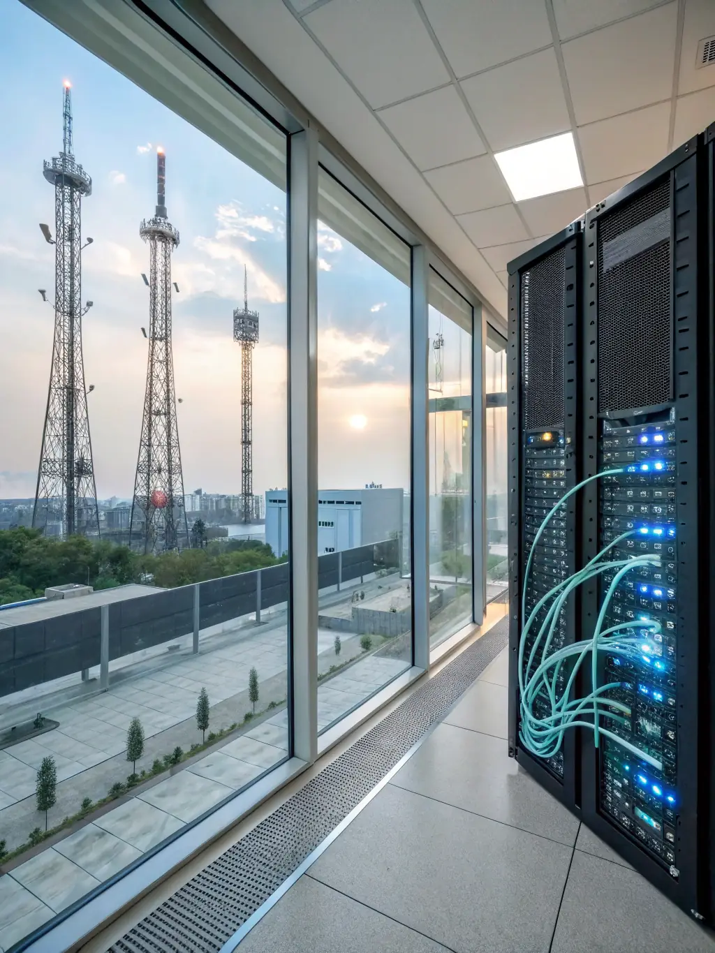 A rendering of a decentralized micro-data center powered by solar panels and wind turbines, showcasing its compact design and integration with renewable energy sources in a rural setting.