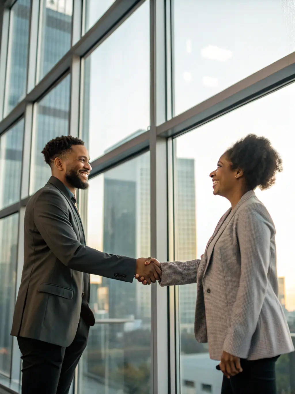 A professional in a German office setting, shaking hands with a new employee, symbolizing full-time job guidance.